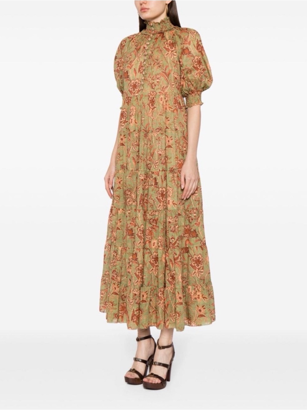Zimmermann Olive & Rust Floral Tiered Maxi Dress